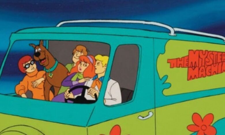 Scooby gang in the Mystery Machine in the original Scooby Doo cartoon