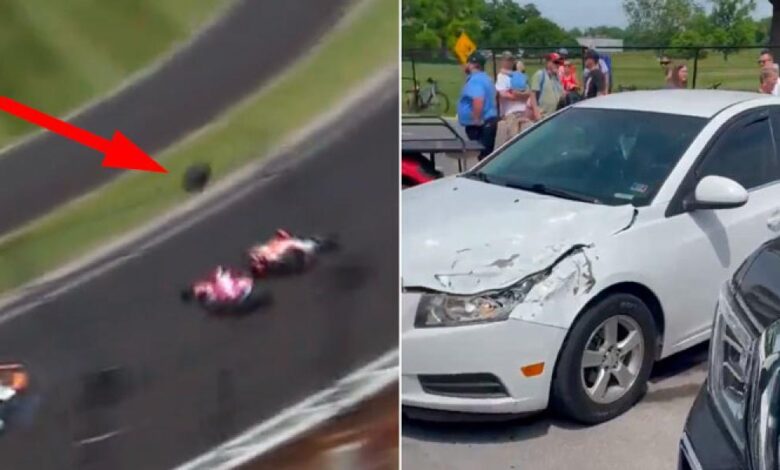 Se roza la tragedia en la Indy500: accidente y rueda volando que cae en el aparcamiento