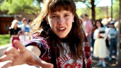 Millie Bobby Brown as Eleven in Stranger Things trying to use her powers
