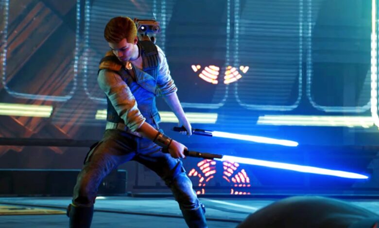 Cal Kestis with BD-1 on his shoulder holding his dual wield lightsabers parallel to one another pointing away from his left hip. Cal looks down solemnly after defeating the Ninth Sister, whose body lies partially in the bottom right corner of the frame.