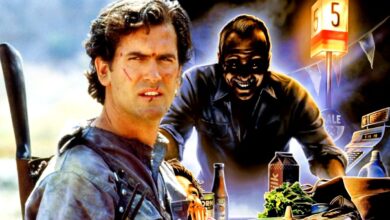 Bruce Campbell in Evil Dead juxtaposed with the Intruder poster.