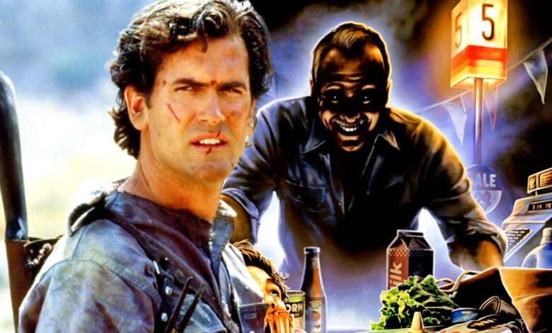Bruce Campbell in Evil Dead juxtaposed with the Intruder poster.
