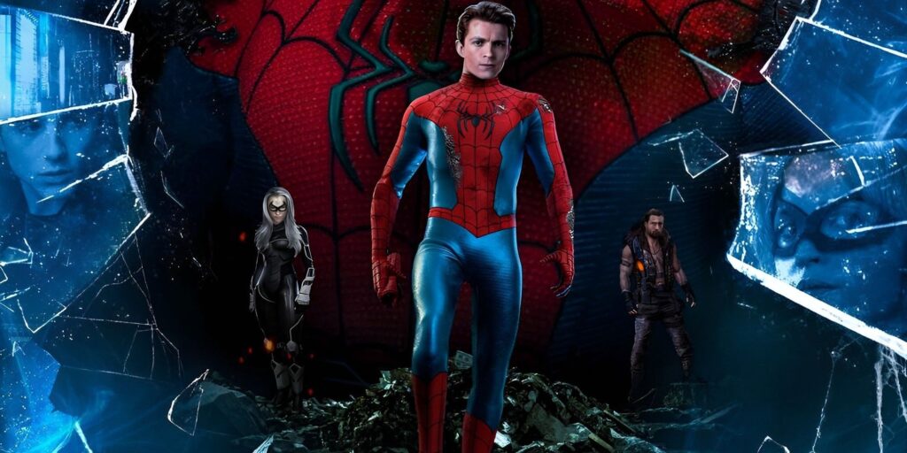 Spider-Man 4 fan poster with Tom Holland's Spider-Man at the center and Kraven and Black Cat on his sides.