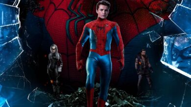 Spider-Man 4 fan poster with Tom Holland's Spider-Man at the center and Kraven and Black Cat on his sides.