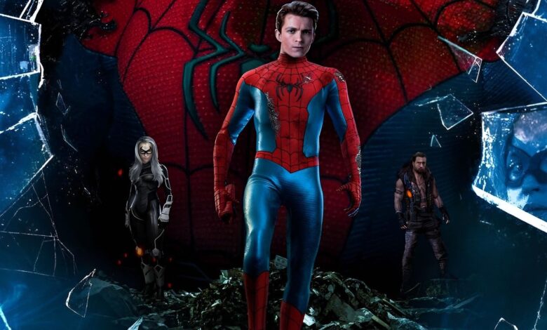 Spider-Man 4 fan poster with Tom Holland's Spider-Man at the center and Kraven and Black Cat on his sides.