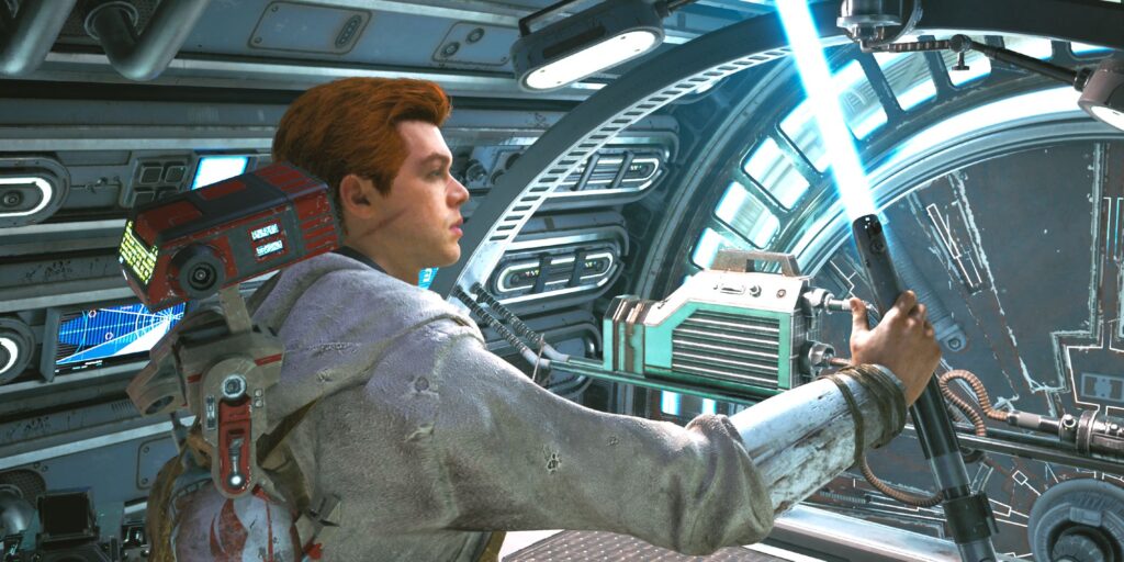 Star Wars Jedi Survivor Cal Kestis With BD-1 On His Back Holding Customized Blue Lightsaber Near Mantis Workbench