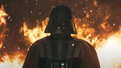 Darth Vader enters the burning Jedi archive on Jedha.
