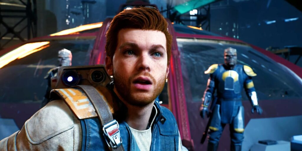 Cal Kestis looking surprised with BD-1 peering over his shoulder. The twins from Cal's insurgent crew in Jedi: Survivor are behind him, standing next to Senator Sejan's yacht.