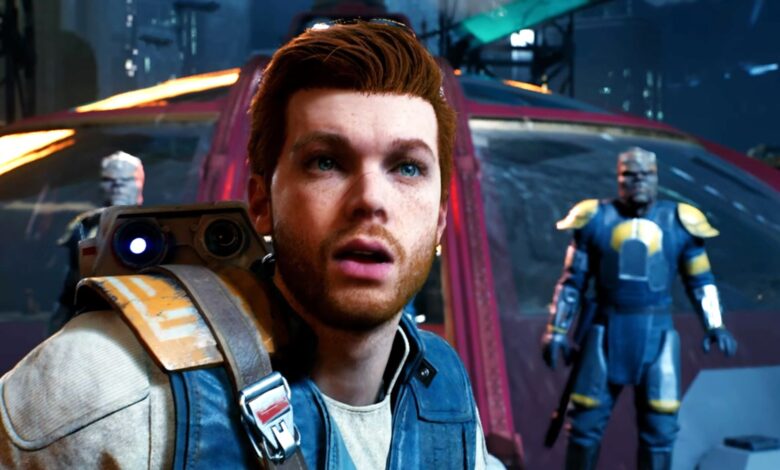 Cal Kestis looking surprised with BD-1 peering over his shoulder. The twins from Cal's insurgent crew in Jedi: Survivor are behind him, standing next to Senator Sejan's yacht.