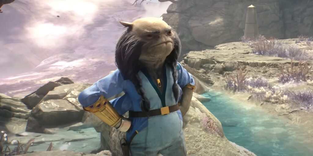 Greez stands with his hands on his hips near a cliff edge on Tanalorr.