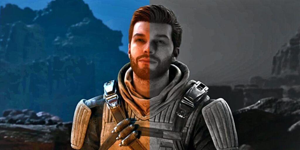 An image of Cal in Star Wars Jedi: Survivor looking straight ahead with a neutral expression. Half of the image is desaturated.