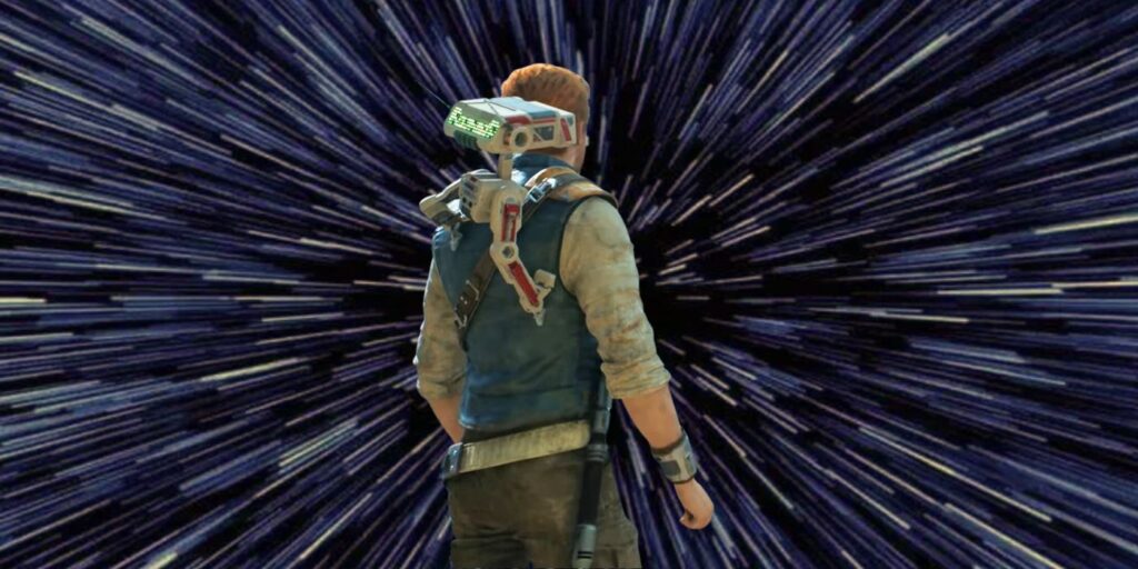 Jedi Survivor's Cal and BD1 standing in front of a shot of lightspeed travel with stars streaking past