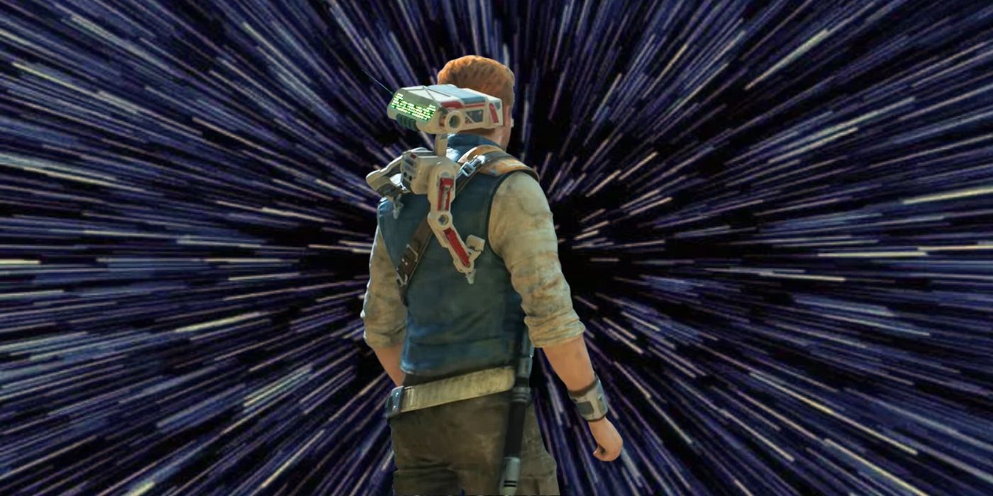 Jedi Survivor's Cal and BD1 standing in front of a shot of lightspeed travel with stars streaking past