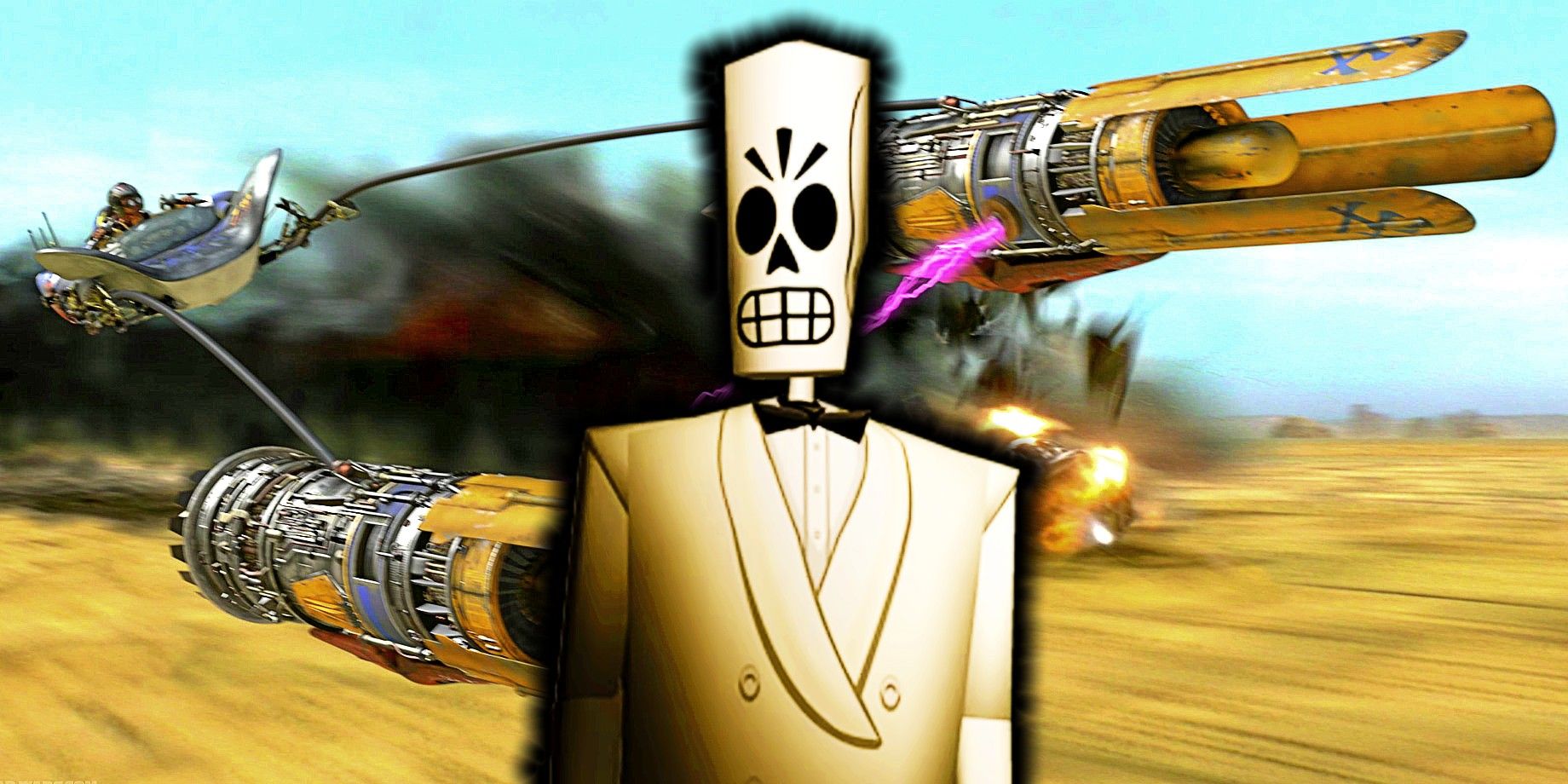 Grim Fandango's Manny Calavera superimposed on an image of Anakin's podracer in Star Wars: Episode 1 - Phantom Menace.