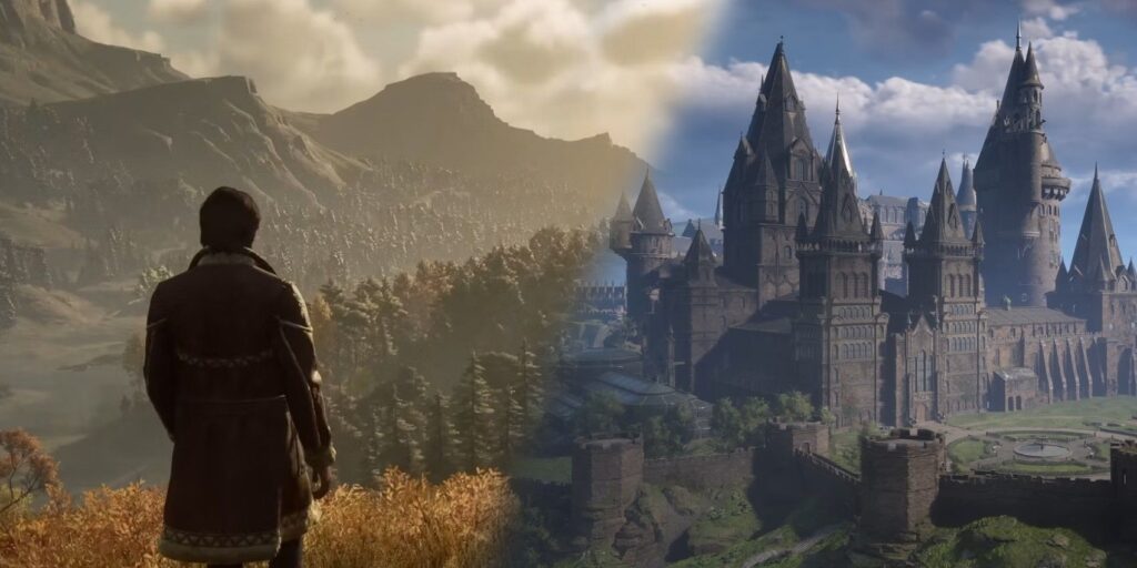 Hogwarts Legacy edit of two pictures one of the Castle and another of a character overlooking a forest.