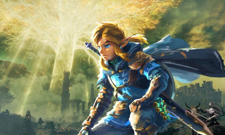 Artwork of Link from Tears of the Kingdom kneeling in front of the Erdtree from Elden Ring.