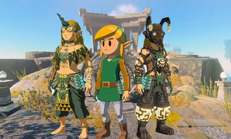 miner's set, link awakening skin, and charged set on TOTK background