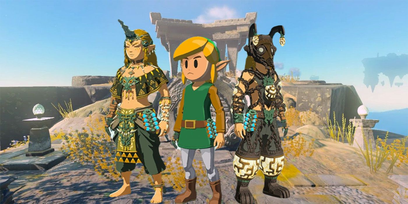 miner's set, link awakening skin, and charged set on TOTK background