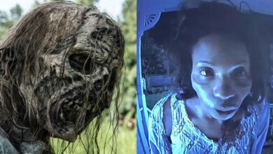 Split image of a walker and Morgan's undead wife staring into the peephole on The Walking Dead.