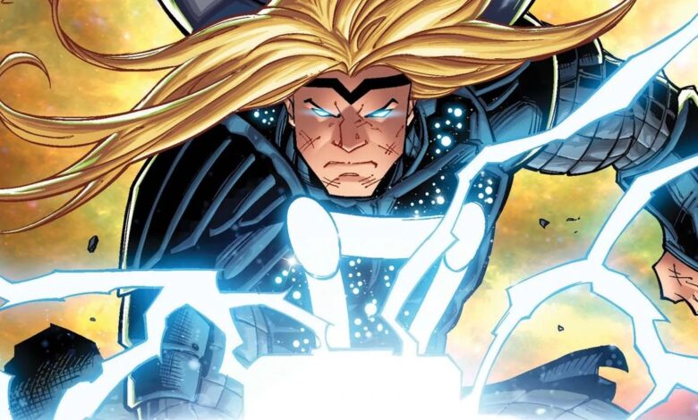Thor, dressed in black, slamming down Mjolnir as it crackles with lightning, with a nebula behind him.