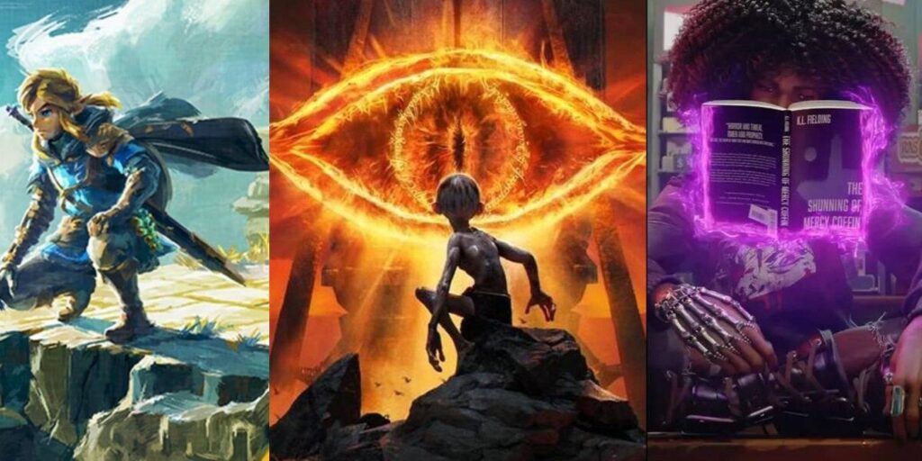 Artwork from Zelda: Tears of the Kingdom, Lord of the Rings: Gollum, and Redfall.