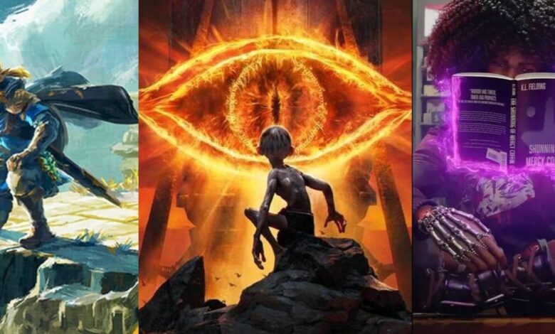 Artwork from Zelda: Tears of the Kingdom, Lord of the Rings: Gollum, and Redfall.