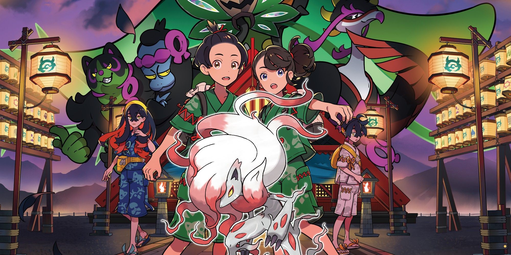 A Hisuian Zoroark in front of promotional art for Pokémon Scarlet and Violet's The Teal Mask DLC.