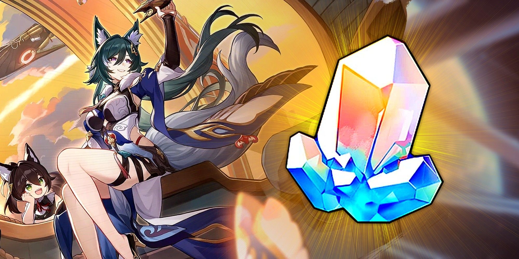 Honkai Star Rail's Yukong happily looks at a starskiff she is holding, with a young Tingyun sitting nearby and looking in admiration. To the right is a Stellar Jade, with a bright yellow backlight.