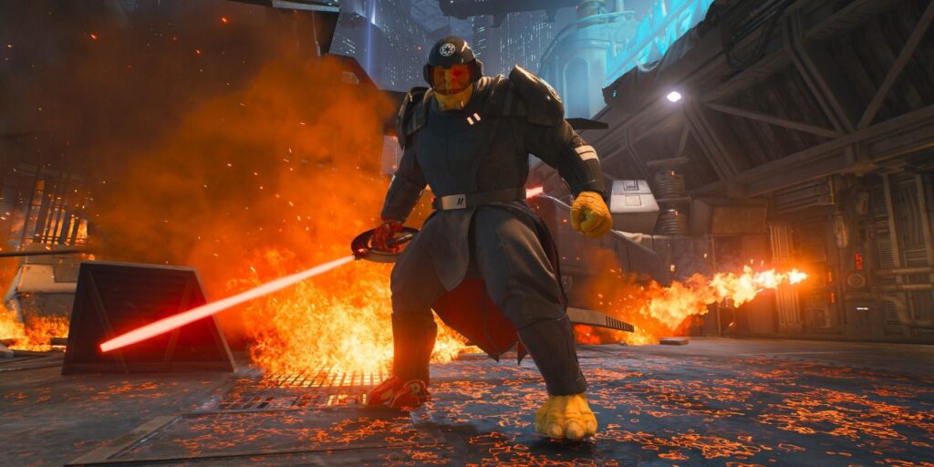 The Ninth Sister Star Wars Jedi Survivor standing in front of flames and holding a lightsaber