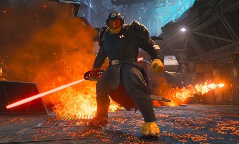 The Ninth Sister Star Wars Jedi Survivor standing in front of flames and holding a lightsaber
