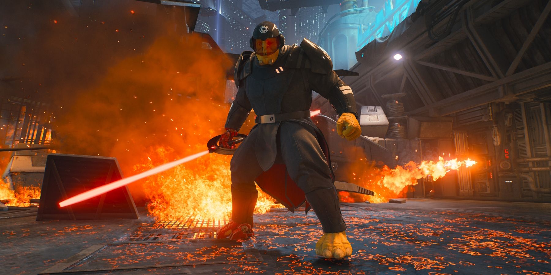 The Ninth Sister Star Wars Jedi Survivor standing in front of flames and holding a lightsaber