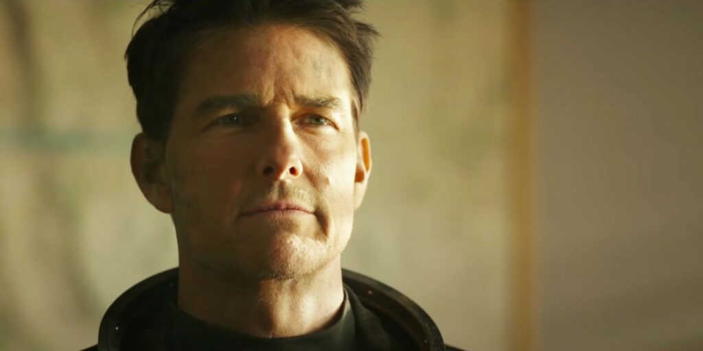 Tom Cruise in Top Gun: Maverick looking content