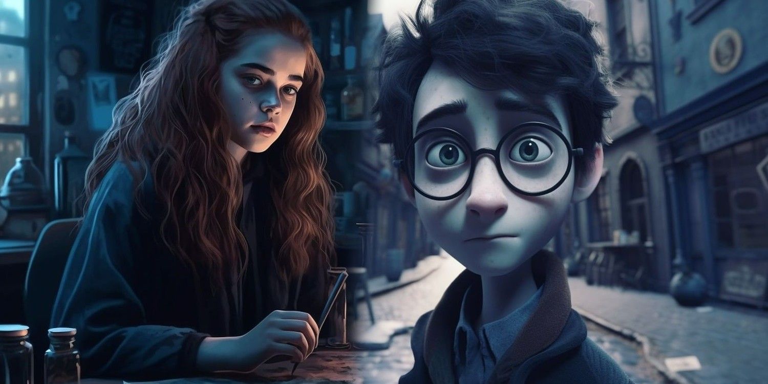 Trío de Harry Potter imaginado como personajes góticos de Tim Burton en arte sombrío de IA