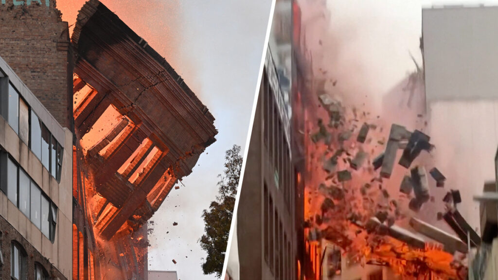 Video: el dramático momento en que se derrumba parte de un edificio en llamas