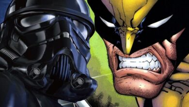 Comic wolverine and star wars' shadowtrooper staring at each other