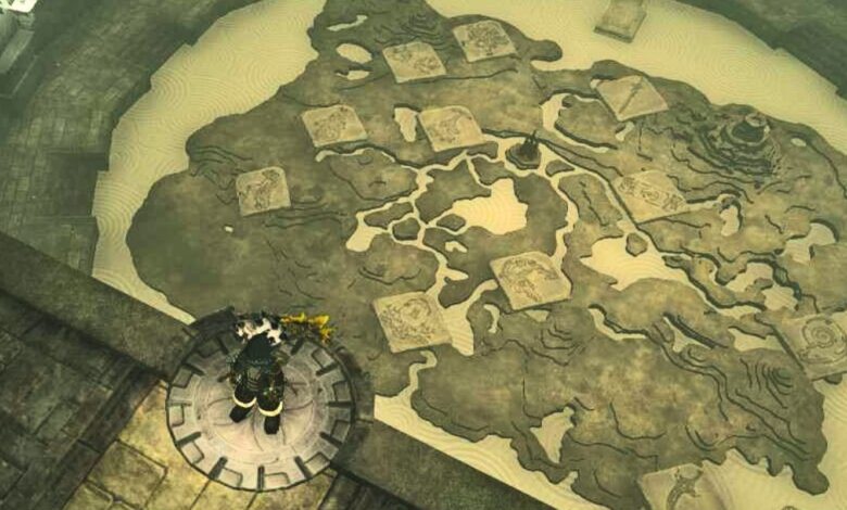 Link standing over the map in the forgotten temple in Zelda: Tears of The Kingdom