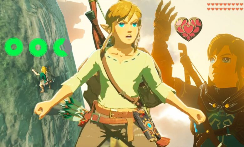 Link staring at the stamina gauge next to another Link looking up at hearts.