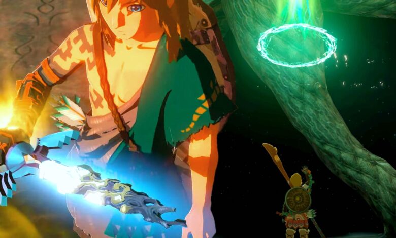 Link holding a decayed Master Sword on the left side of the image, and Link standing under the green ring of a Lightroot on the right side.