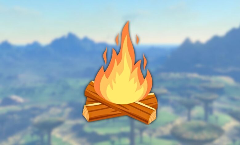 fire graphic over blurred Hyrule background from Zelda: Tears of the Kingdom