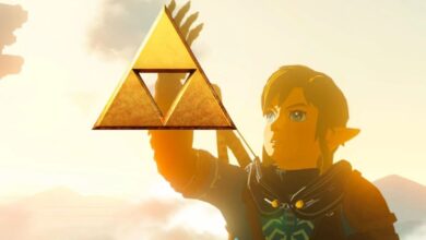 Is The Triforce In Tears Of The Kingdom - In picture of Link examining the Arm of Rauru in Tears of the Kingdom with a Triforce image added