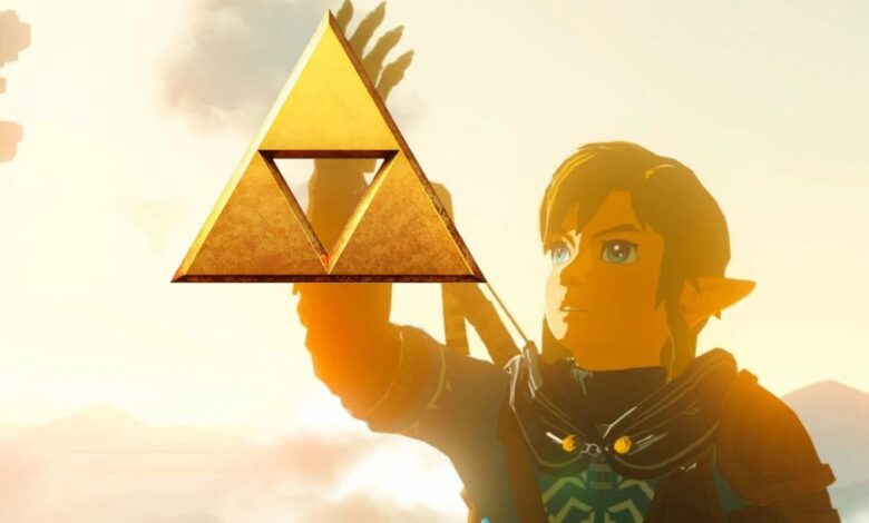 Is The Triforce In Tears Of The Kingdom - In picture of Link examining the Arm of Rauru in Tears of the Kingdom with a Triforce image added