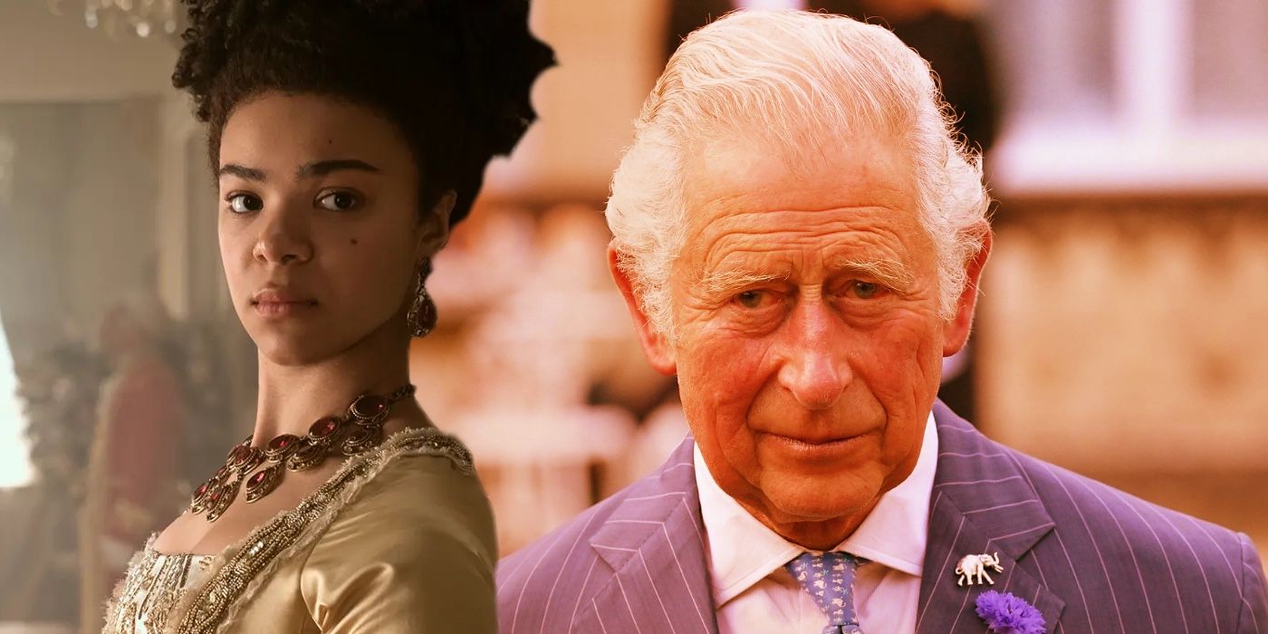 A composite image of Queen Charlotte from Bridgerton with King Charles III