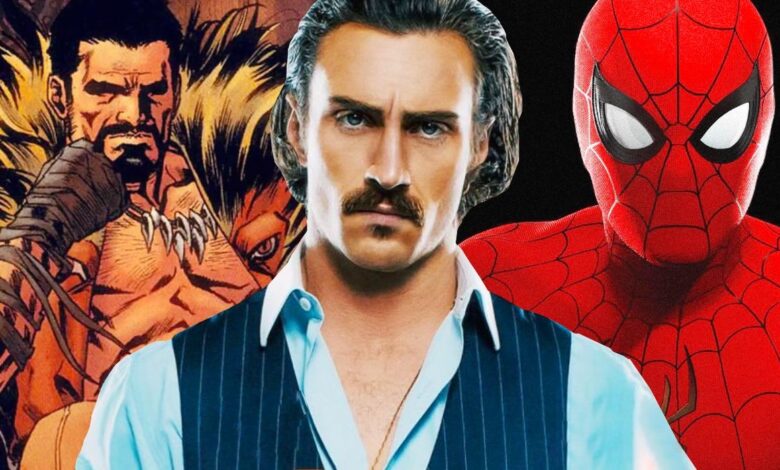 Collage Image With Aaron Taylor-Johnson, Kraven, and Spider-Man