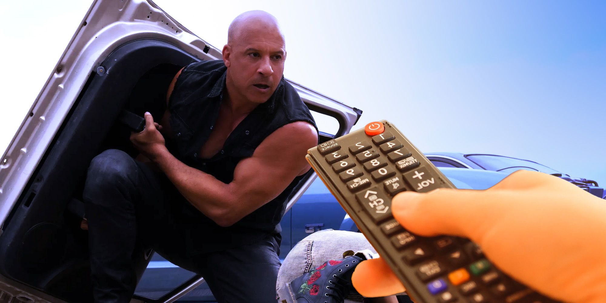 Vin Diesel in Fast X with a TV remote