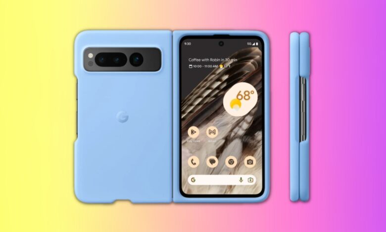Image of the Google Pixel Fold in a blue case over a yellow-pink gradient background