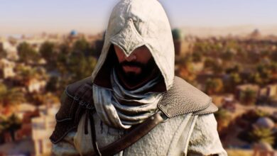 AC Mirage protagonist Basim superimposed on an image of Baghdad from the game.