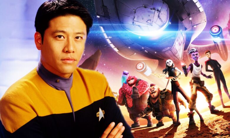 Garrett Wang as Harry Kim and the cast of Star Trek: Prodigy