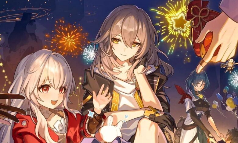 Clara opening a gift while Trailblazer watches over her with a smile and fireworks explode in the background of Honkai: Star Rail.