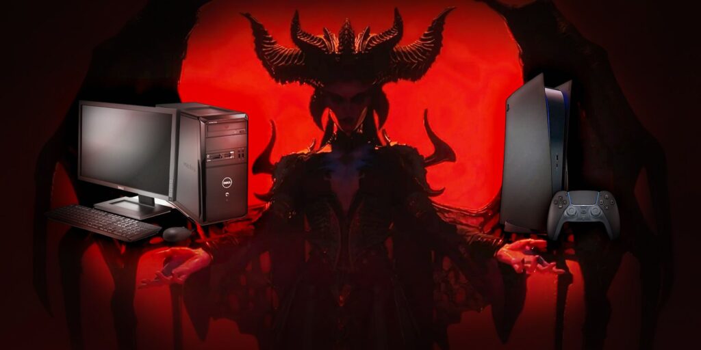 Main diablo 4 lilith image with hands outstretched and a PC and console balanced one each