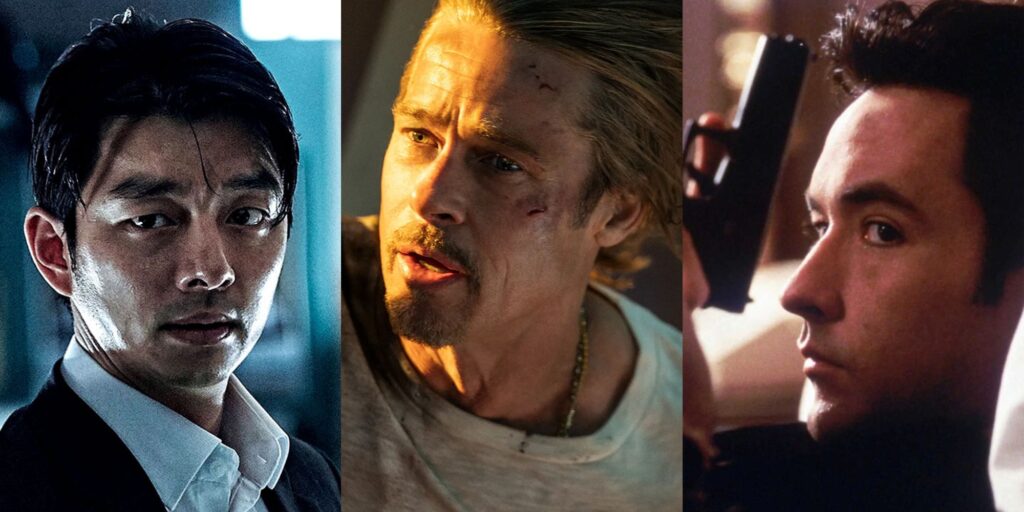 Split image of the main characters from Train to Busan, Bullet Train, and Grosse Pointe Blank